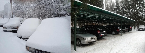Различие машин зимой под навесом и без.